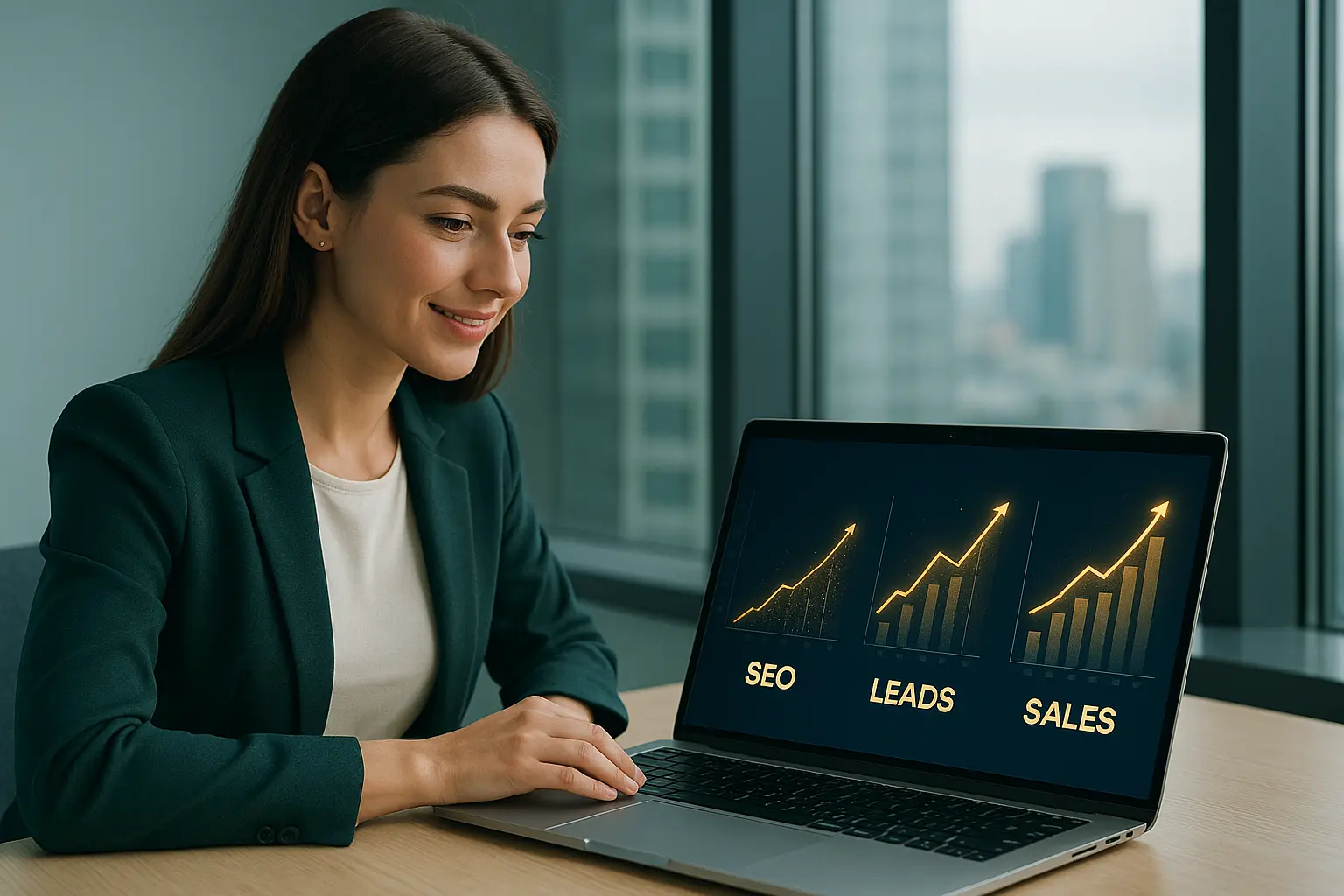 Bizneswoman analizuje wzrostowe wykresy SEO w biurze.