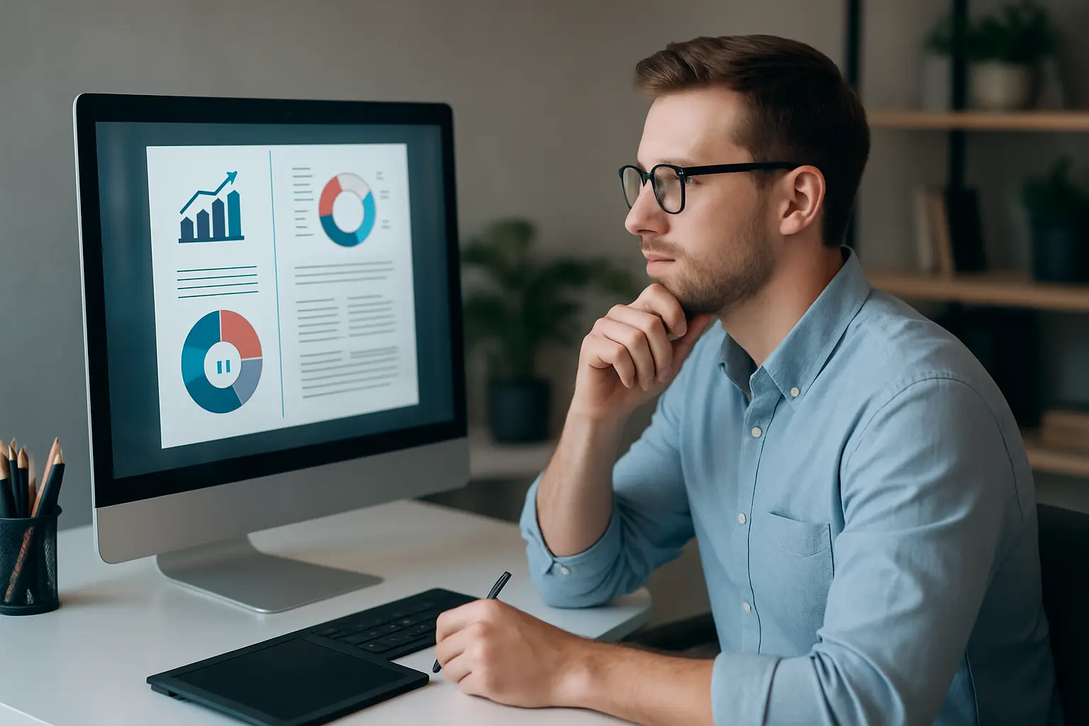 Projektant pracujący przy monitorze z dokumentem SEO.