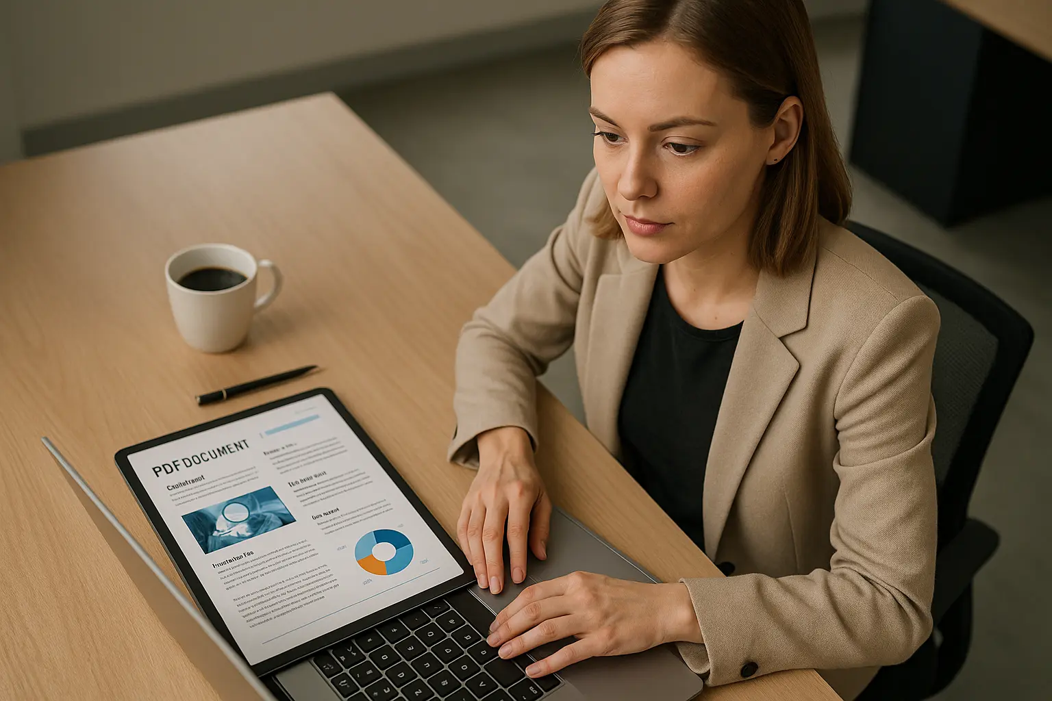 Kobieta pracująca przy biurku z PDF-em na tablecie.