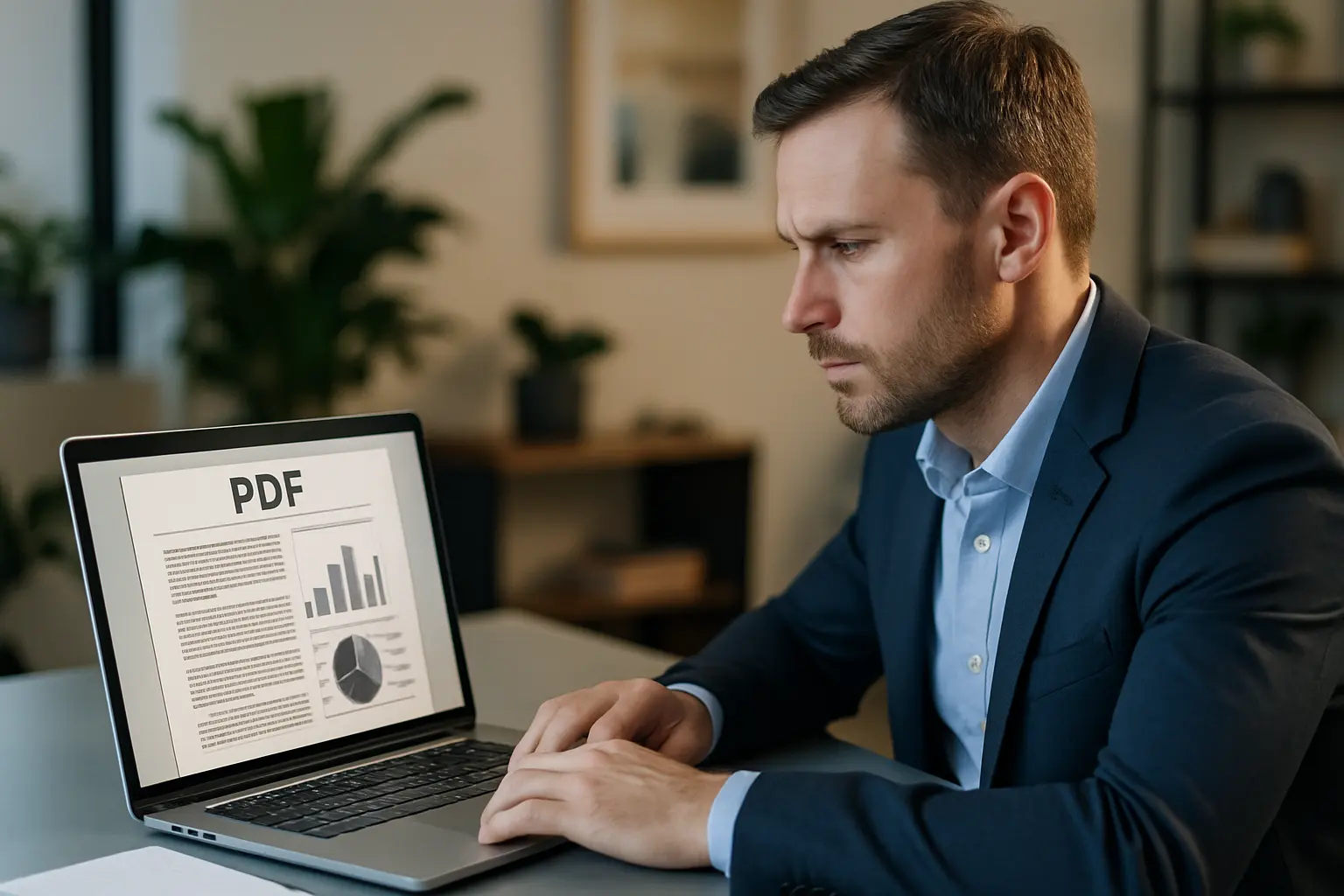 Mężczyzna pracuje nad PDF-em w nowoczesnym biurze.