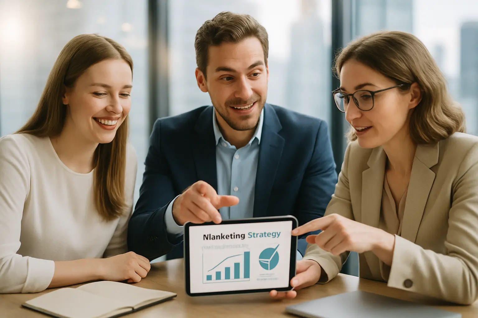 Profesjonaliści omawiają strategię marketingową na tablecie.