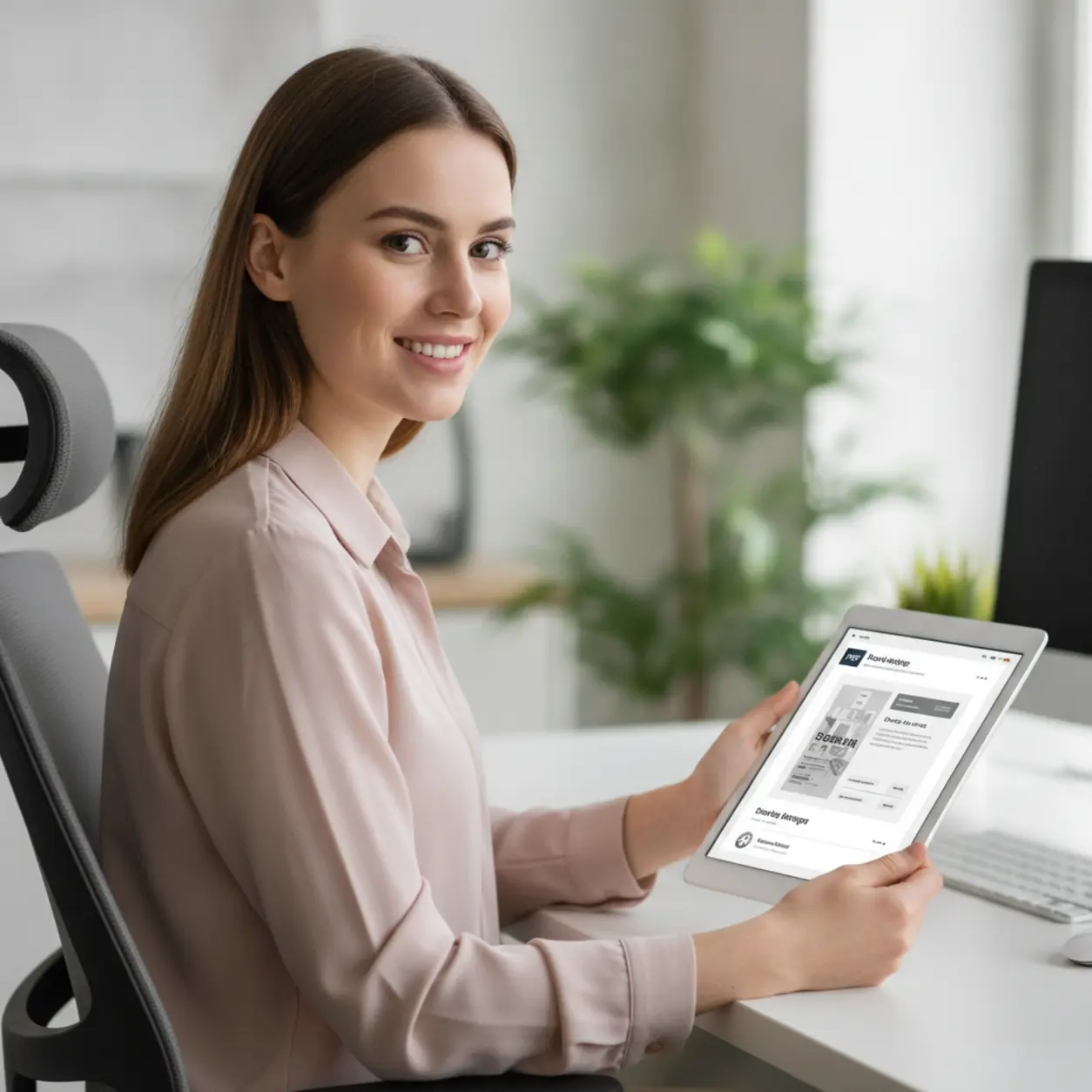 Uśmiechnięta kobieta pracuje z tabletem w nowoczesnym biurze.