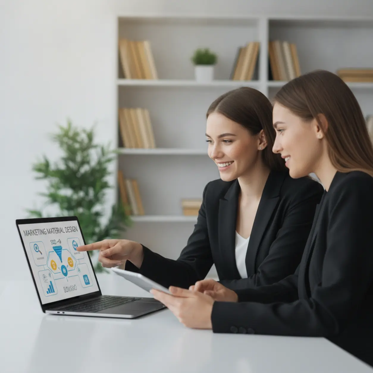 Kobiety pracujące nad materiałami marketingowymi na laptopie i tablecie.