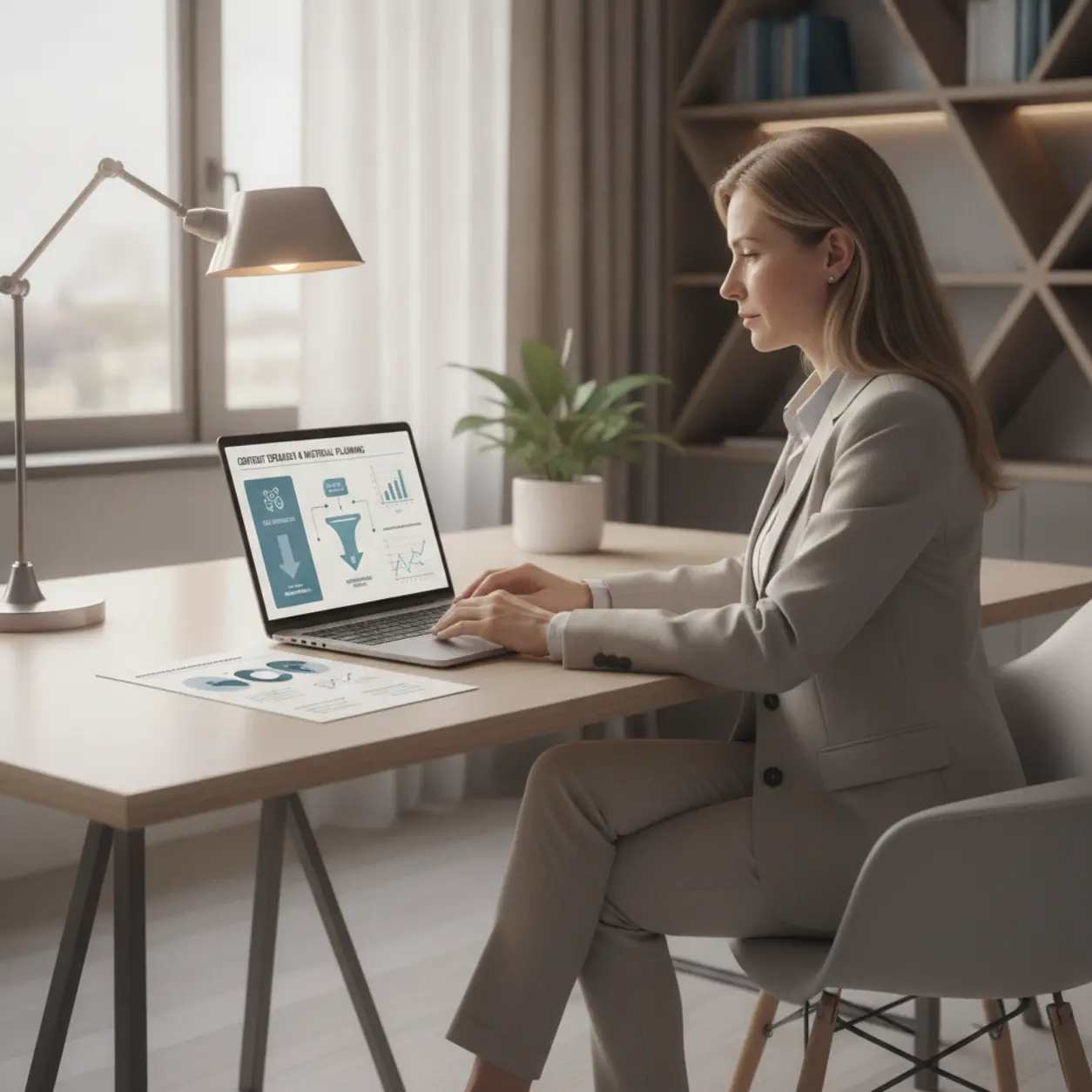 Kobieta pracuje przy laptopie, planuje materiał.