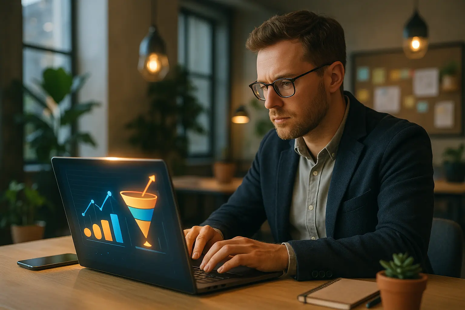 Osoba pracuje przy laptopie z wizualizacją danych.