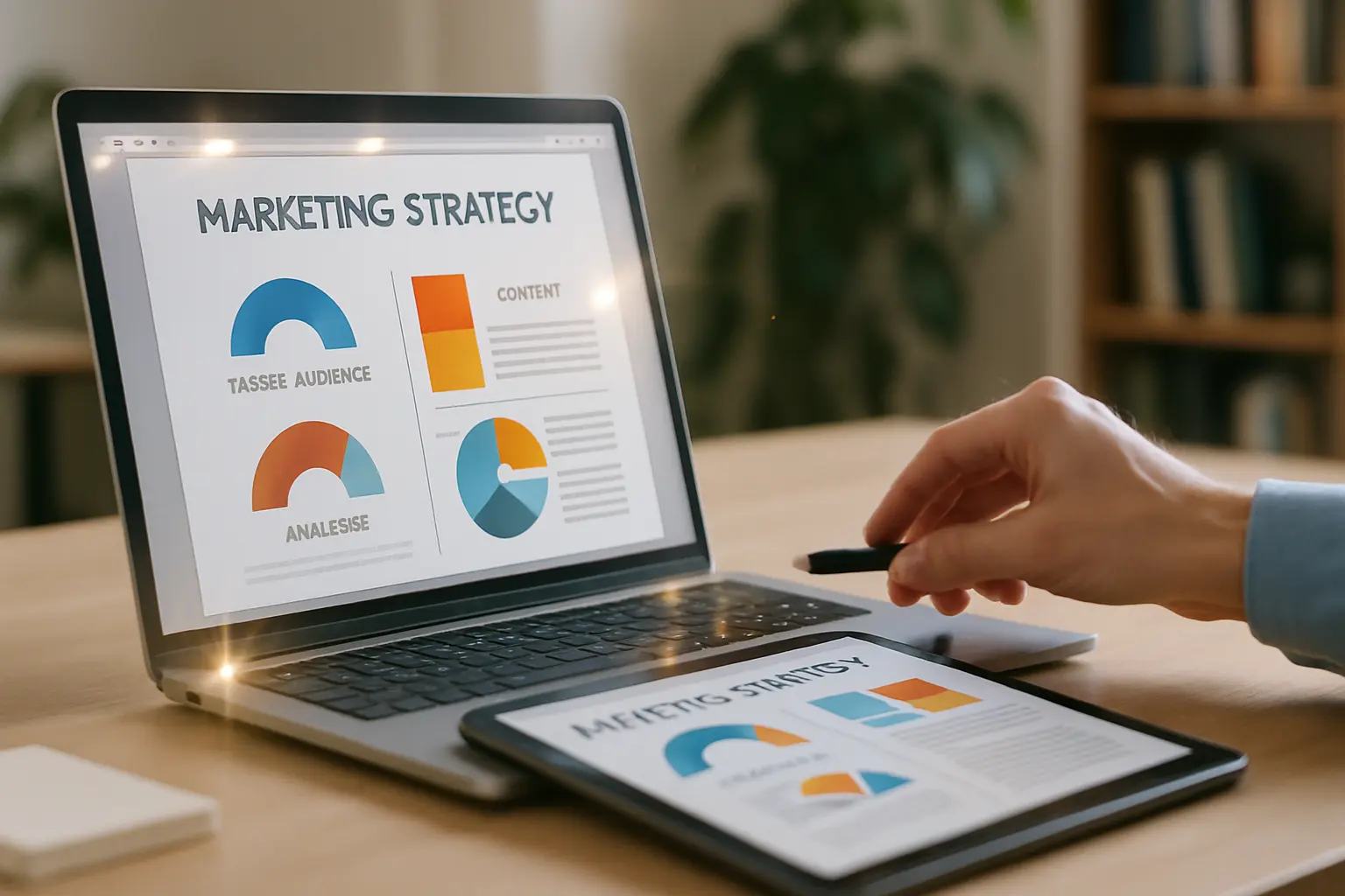 Nowoczesne biurko z laptopem i ręką, PDF, marketing.