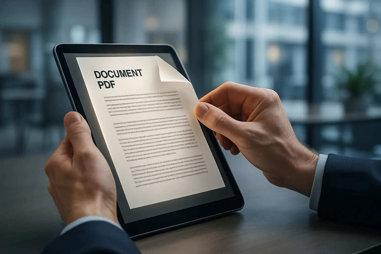 Dłoń przewijająca PDF na tablecie w biurze.