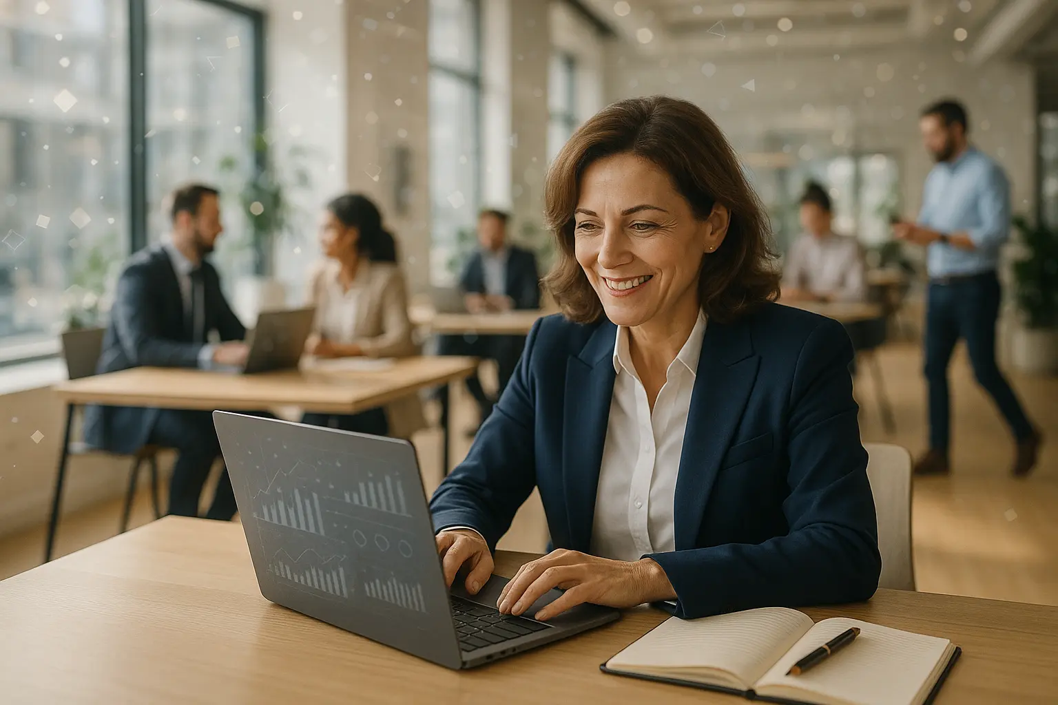 Kobieta pracująca w nowoczesnym biurze coworkingowym.