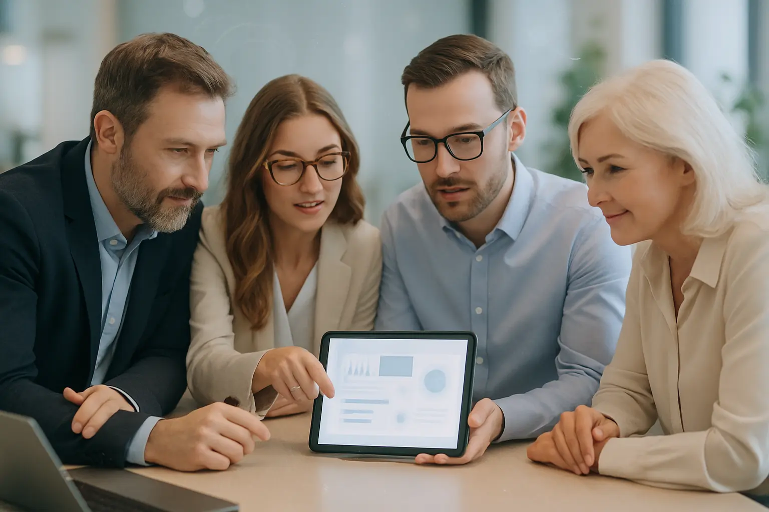 Profesjonaliści omawiają projekt na tablecie w nowoczesnym biurze.