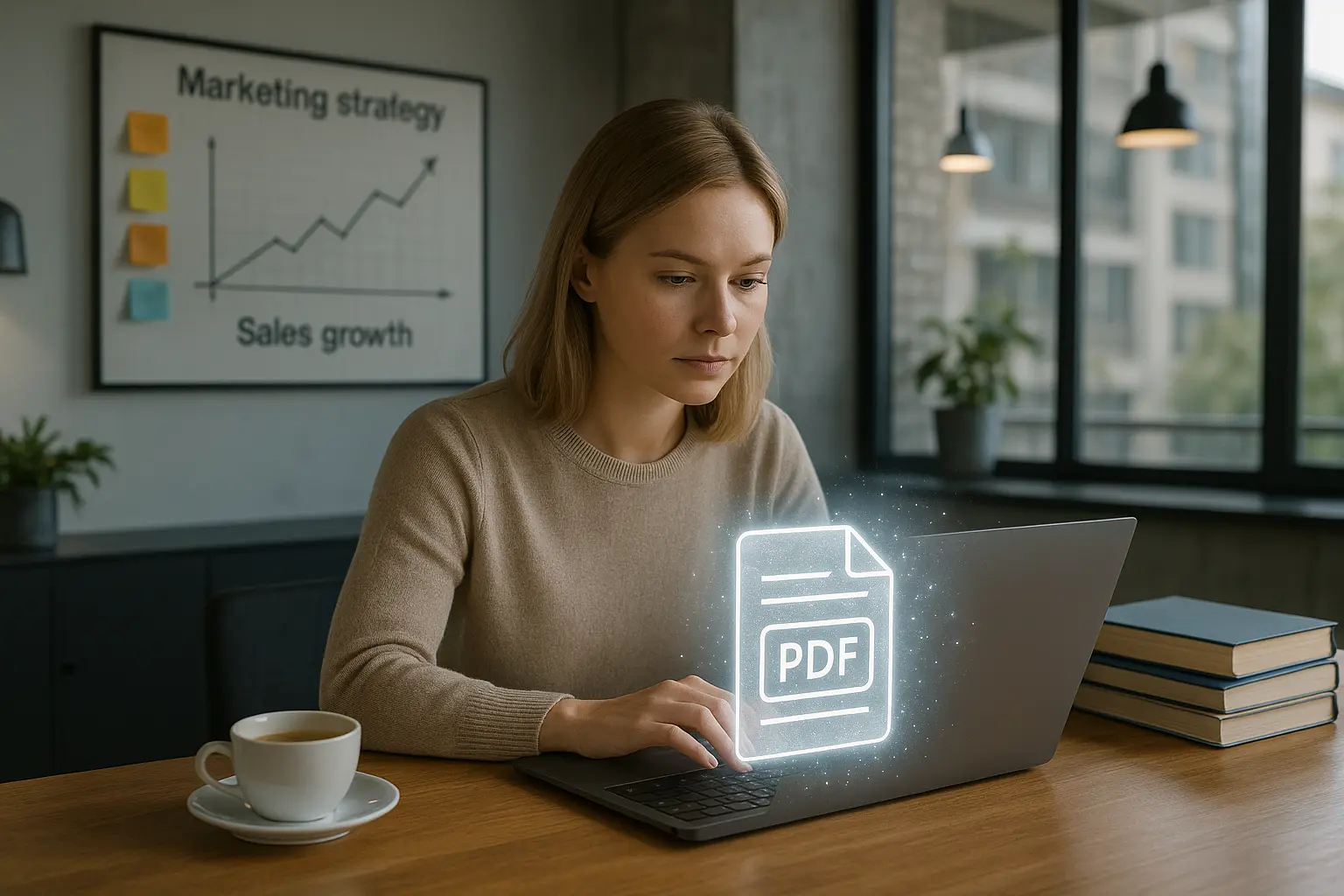 Kobieta pracuje nad strategią marketingową w nowoczesnym biurze.