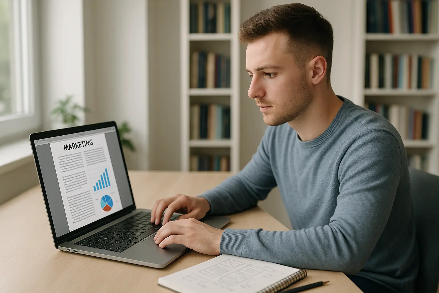 Młody mężczyzna pracuje na laptopie, tworząc materiały marketingowe.