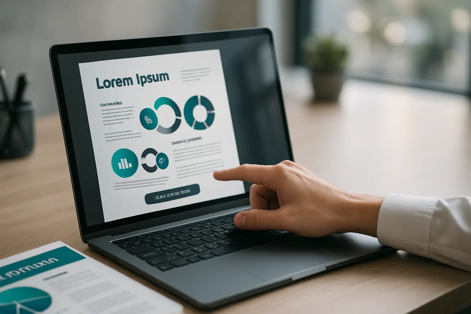 Biurko biurowe, laptop z PDF, materiały marketingowe, dłoń.