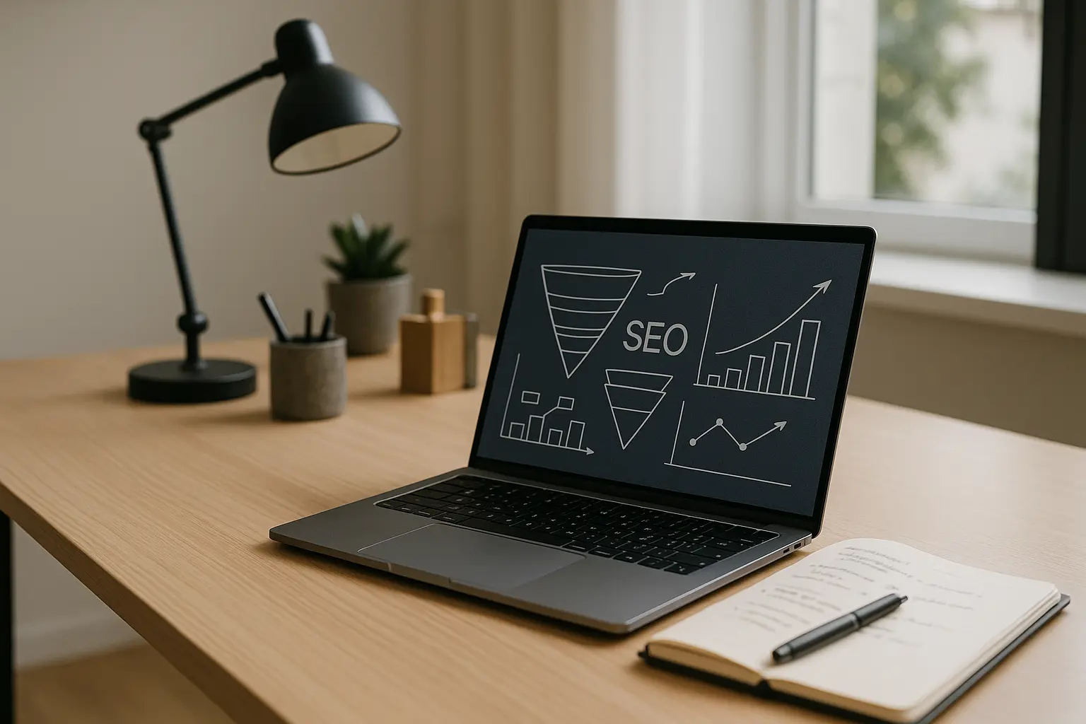 Nowoczesne biurko z laptopem i materiałami SEO