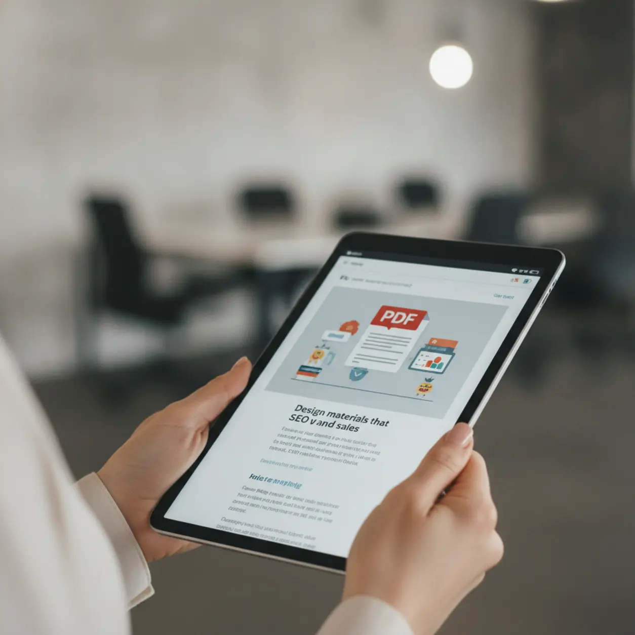 Dłoń trzyma tablet z PDF o SEO