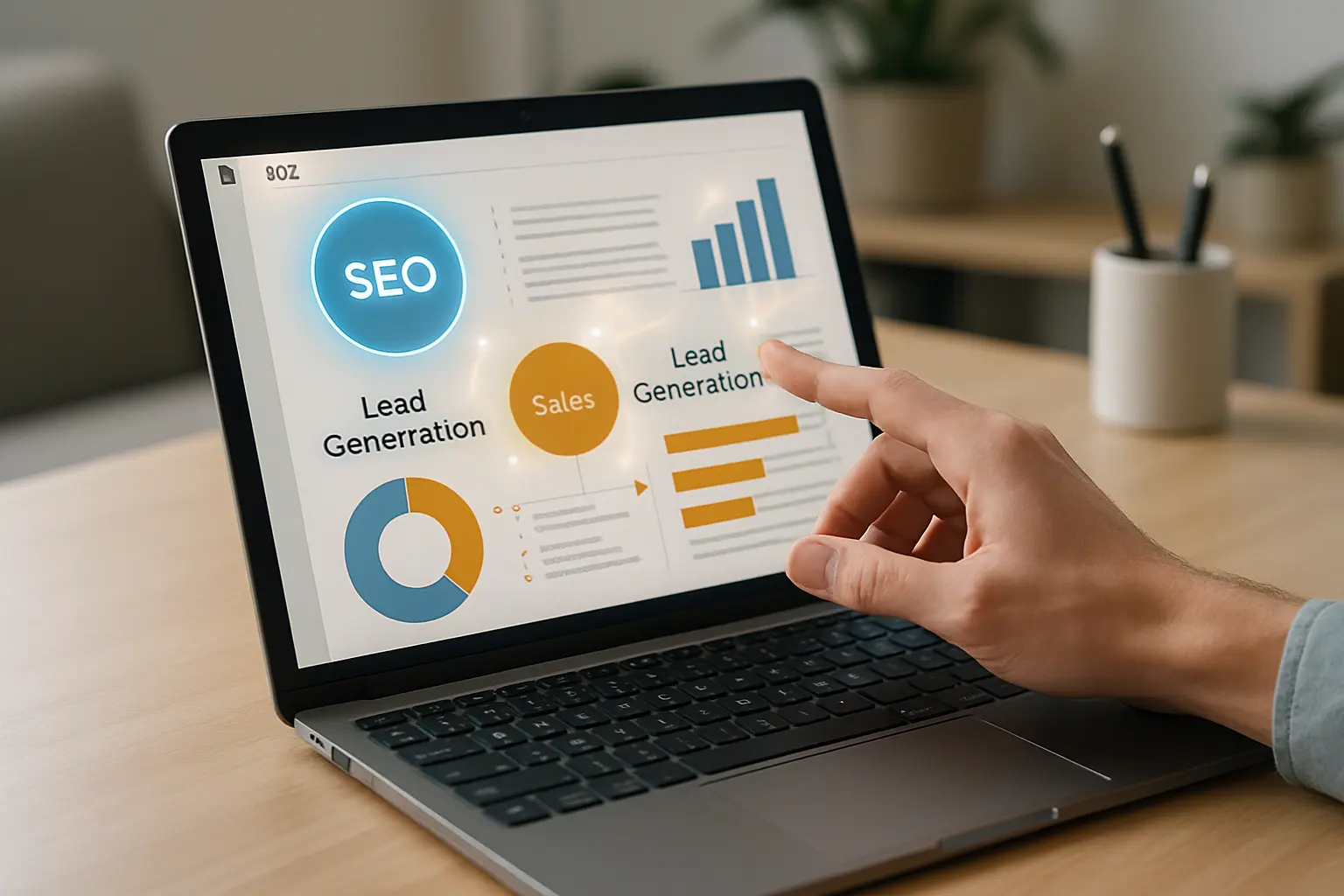 Interakcja z PDF o SEO i sprzedaży na laptopie.
